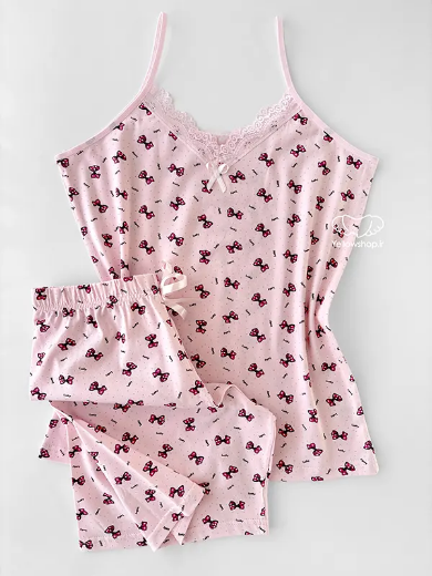 تصویر  ست تاپ شورتک نخی زنانه صورتی برند میسپل