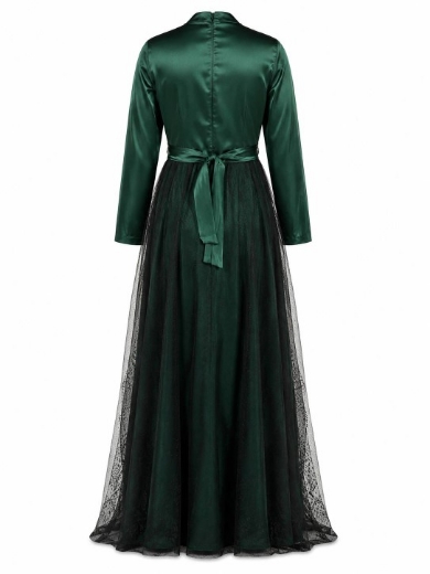 تصویر  مجلسی ساتن دو دامنه دار کمربند‎دار یقه